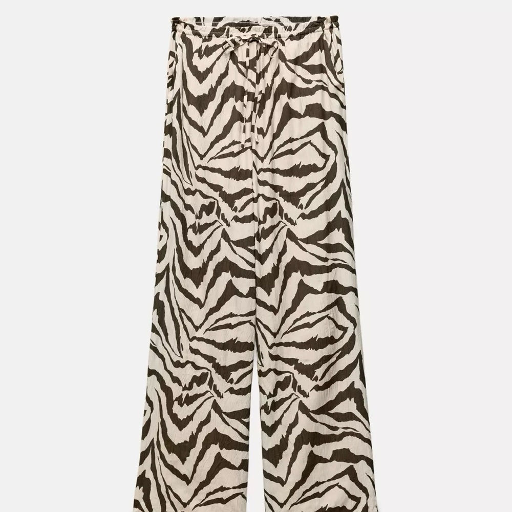 Zara Beige and Brown Zebra Print Wide Leg Pants